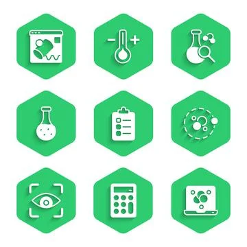 Set To do list or planning, Calculator, Chemical formula, Atom, Eye scan, Test Stock Illustration