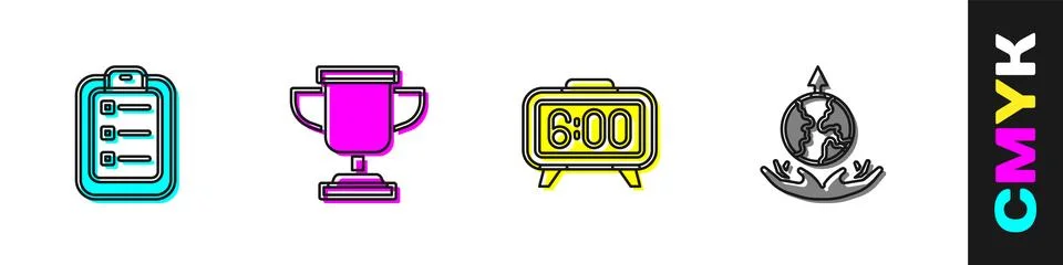 Set To do list or planning, Award cup, Digital alarm clock and World expans.. Stock Illustration