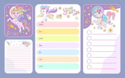Set of to do list pages and empty notes sheets with unicorns Stock Illustration
