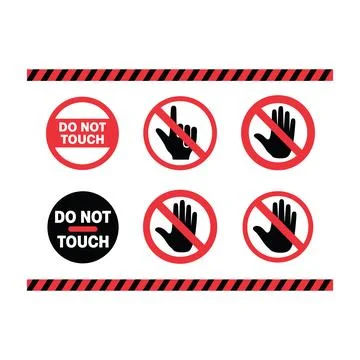 Set of do not touch warning signs with hand and red prohibition symbols on .. Иллюстрация