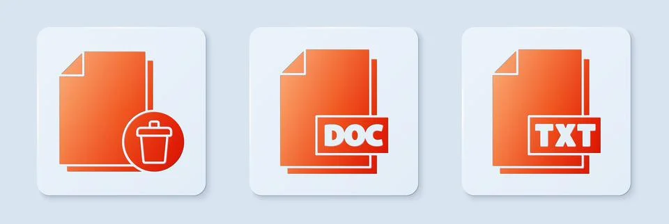 Set DOC file document, Delete file document and TXT file document. White square Illustrazione stock