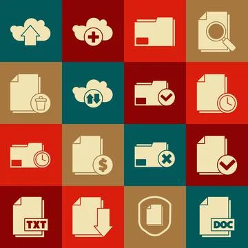 Set DOC file document, Document and check mark, with clock, folder, Cloud Stock Illustration