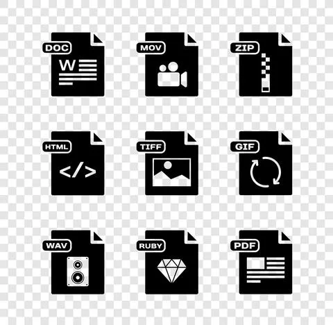 Set DOC file document, MOV, ZIP, WAV, RUBY, PDF, HTML and TIFF icon. Vector Stock Illustration