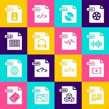 Set DOC file document, MP4, WAV, WMA, MP3, XLS, and icon. Vector Stock-Illustration