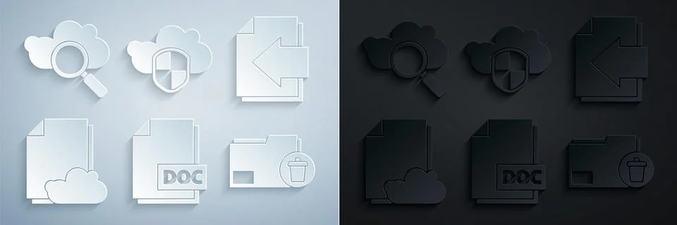 Set DOC file document, Next page arrow, Cloud storage text, Delete folder, and Stock Illustration