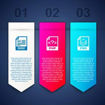 Set DOC file document, PHP and PSD. Business infographic template. Vector 库存插图