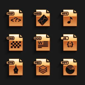 Set DOC file document, PSD, PPT, JS, EPS, PNG, MP3 and PHP icon. Vector イラスト素材