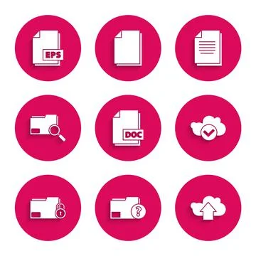 Set DOC file document, Unknown folder, Cloud upload, with check mark, Folder and Stock Illustration