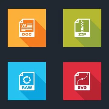 Set DOC file document, ZIP, RAW and SVG icon. Vector Stockillustratie