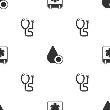 Set Doctor appointment, Donate drop blood and Stethoscope on seamless pattern Stock Illustration