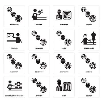Set of Doctor, Chef, Construction worker, Carpenter, Gardener, Priest, Teache Free Stock Illustration