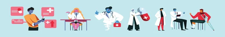 Set of doctors and nurses taking care of the patients cartoon character Stock Illustration