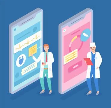 Set of doctors characters. Examine and talking to a patient by smartphone. Flat Stock Illustration
