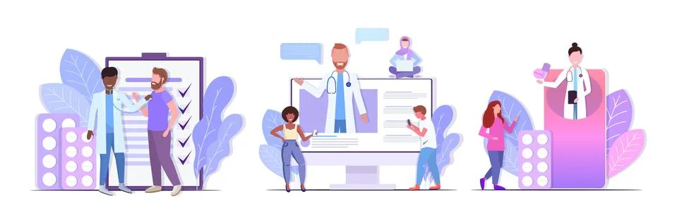 Set doctors checking consulting and giving medications pills to mix race Illustrazione stock