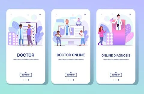 Set doctors checking consulting and giving medications pills to mix race Stock Illustration