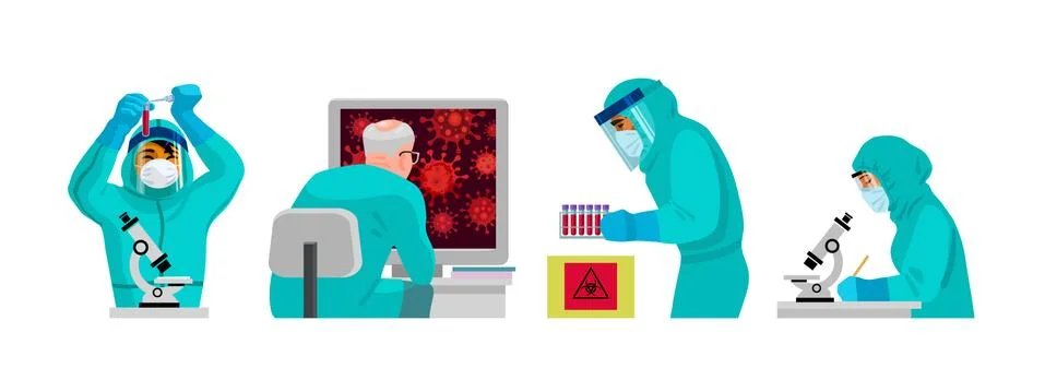 Set of doctors in protective suits working in laboratory studying viruses Stock Illustration