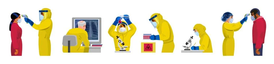 Set of doctors in protective suits working in laboratory. Vector. Stock Illustration