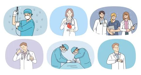 Set of doctors team help in clinic 스톡 일러스트