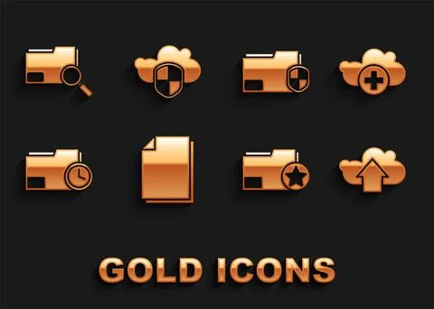 Set Document, Add cloud, Cloud upload, folder with star, clock, protection, S Stock Illustration