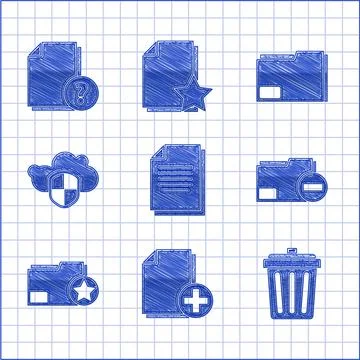 Set Document, Add new file, Trash can, folder with minus, star, Cloud and shield イラスト素材