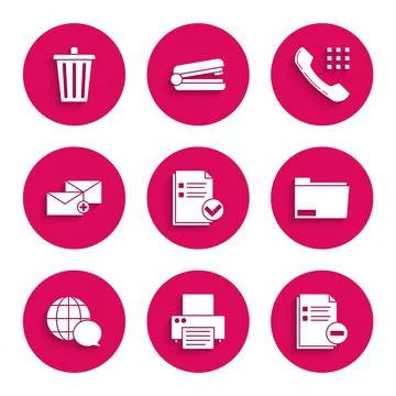 Set Document and check mark, Printer, with minus, folder, World map made from Illustrazione stock