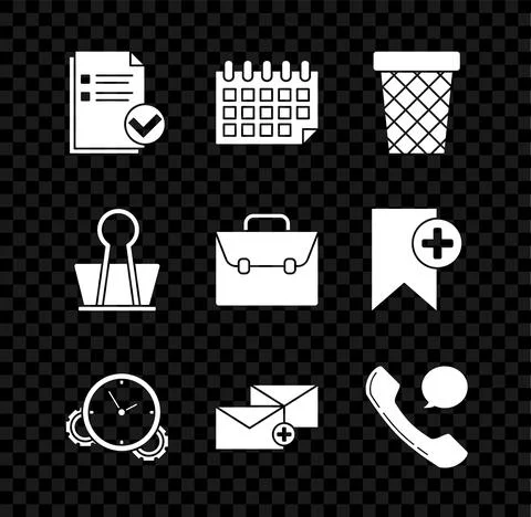 Set Document and check mark, Calendar, Trash can, Time Management, Envelope Stock Illustration
