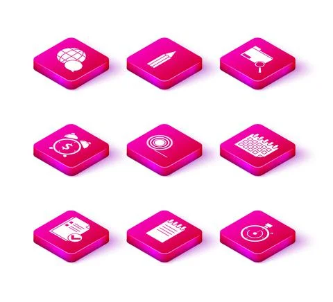 Set Document and check mark, Notebook, Alarm clock with dollar symbol, Scotch Stock Illustration