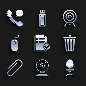 Set Document and check mark, Web camera, Office chair, Trash can, Paper clip 스톡 일러스트