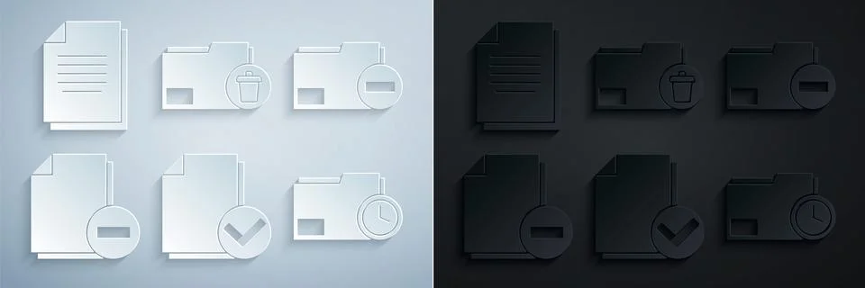 Set Document and check mark, folder with minus, clock, Delete and icon. Vector Stock Illustration
