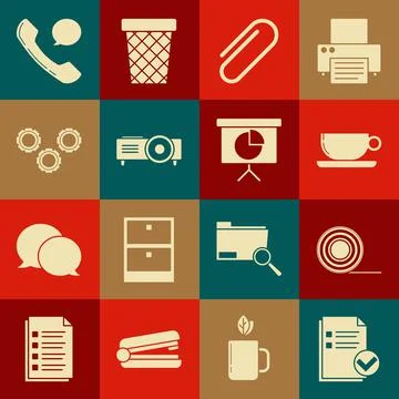 Set Document and check mark, movie, film, media projector, Gear, Telephone Stockillustratie