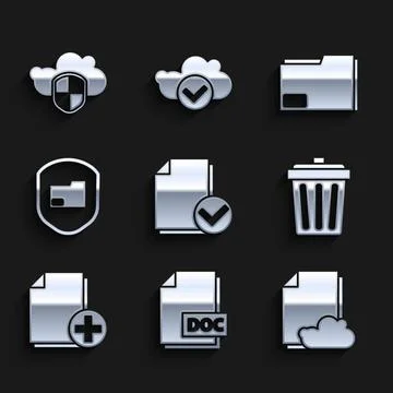 Set Document and check mark, DOC file document, Cloud storage text, Trash can Stock Illustration