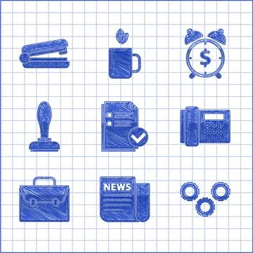 Set Document and check mark News Gear Telephone Briefcase Stamp Alarm clock w Illustrazione stock