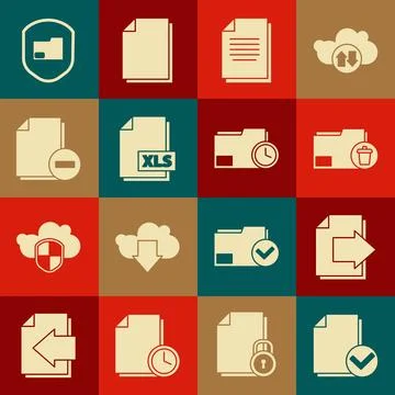 Set Document and check mark Next page arrow Delete folder XLS file document w Illustrazione stock