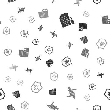 Set Document and lock, Barbed wire, System bug and Shield on seamless pattern Illustrazione stock