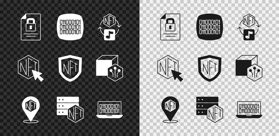 Set Document and lock, Binary code, NFT Digital crypto art, blockchain Stock Illustration