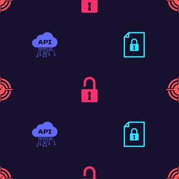 Set Document and lock, Cloud api interface, Open padlock and Time Management on Stock Illustration