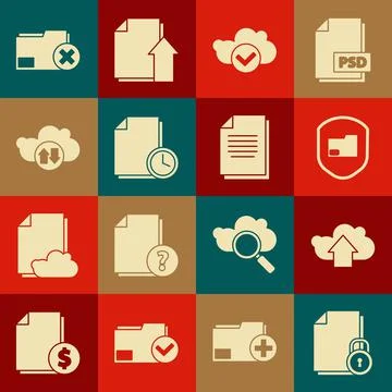 Set Document and lock, Cloud upload, folder protection, with check mark, clock Illustrazione stock