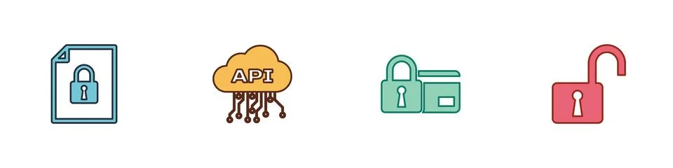 Set Document and lock, Cloud api interface, Credit card with and Open padlock 스톡 일러스트