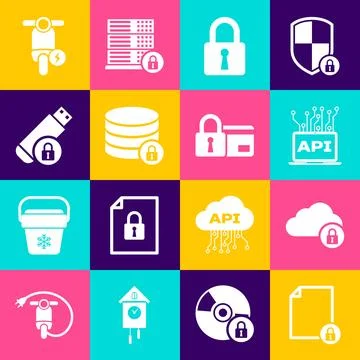 Set Document and lock, Cloud computing, Computer api interface, Lock, Serve.. Stock Illustration