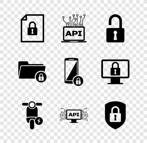 Set Document and lock, Computer api interface, Open padlock, Electric scooter 스톡 일러스트