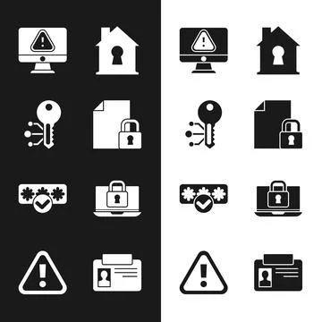 Set Document and lock, Cryptocurrency key, Monitor with exclamation mark, House Illustrazione stock