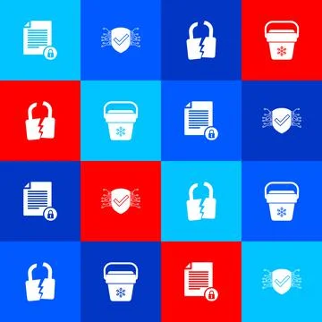 Set Document and lock, Cyber security, Broken or cracked and Cooler bag icon Stock Illustration