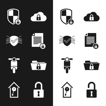 Set Document and lock, Cyber security, Shield with, Cloud computing, Scooter and 스톡 일러스트