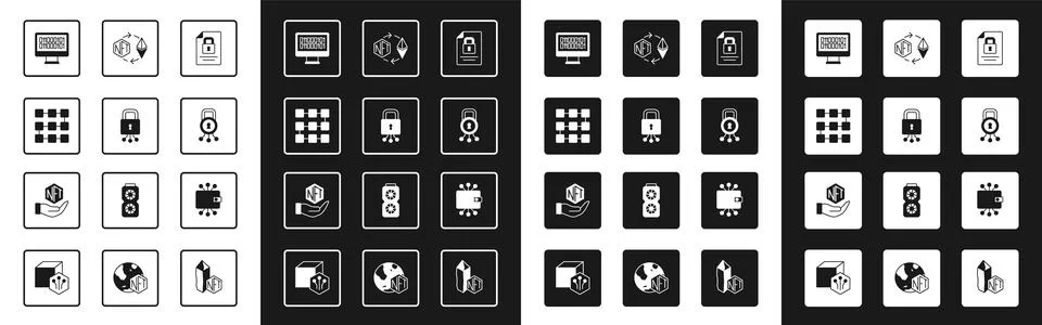 Set Document and lock, Cyber security, NFT blockchain technology, Binary code Stock Illustration