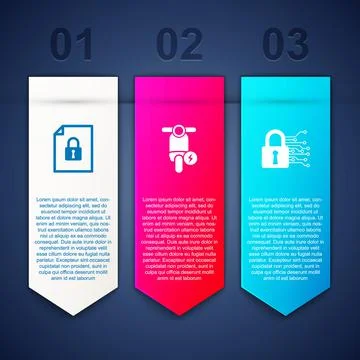 Set Document and lock, Electric scooter and Cyber security. Business infographic Stock Illustration