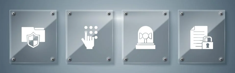 Set Document and lock, Flasher siren, Password protection and folder. Square Illustrazione stock