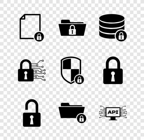 Set Document and lock, Folder, Server security with, Open padlock, and Computer Stock Illustration