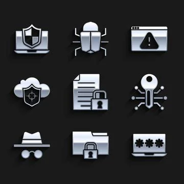 Set Document and lock, Folder, Laptop with password, Smart key, Incognito mode Illustrazione stock