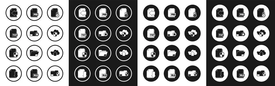 Set Document and lock, folder with star, TXT file document, Next page arrow Illustrazione stock