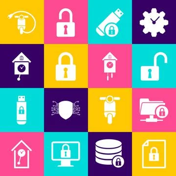 Set Document and lock, FTP folder, Open padlock, USB flash drive with, Lock and Stock Illustration